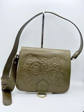 Patricia Nash Ilina Rose Tooled Leather Crossbody Bag Olive Green with Brass
